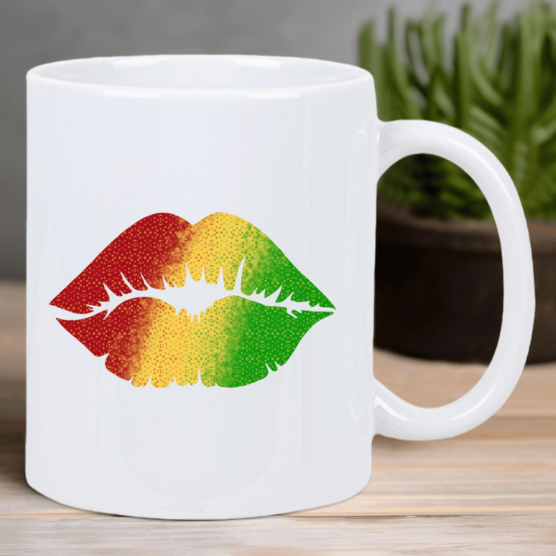 Tailorly White Ceramic 11 oz Mug - Vibrant Red Yellow Green Gradient Texture With Artistic Distressed Grunge Finish Lips