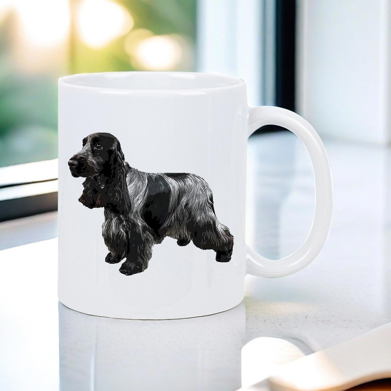 Tailorly White Ceramic 11 oz Mug - Graceful Long Haired Black Cocker Spaniel Standing On A Simple White Background Dog