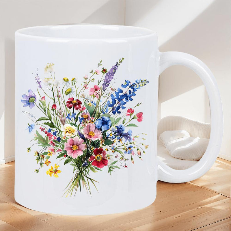 Tailorly White Ceramic 11 oz Mug - Colorful Meadow Flowers Blooming Gracefully Within A Charming Rustic Wildflower Bouquet