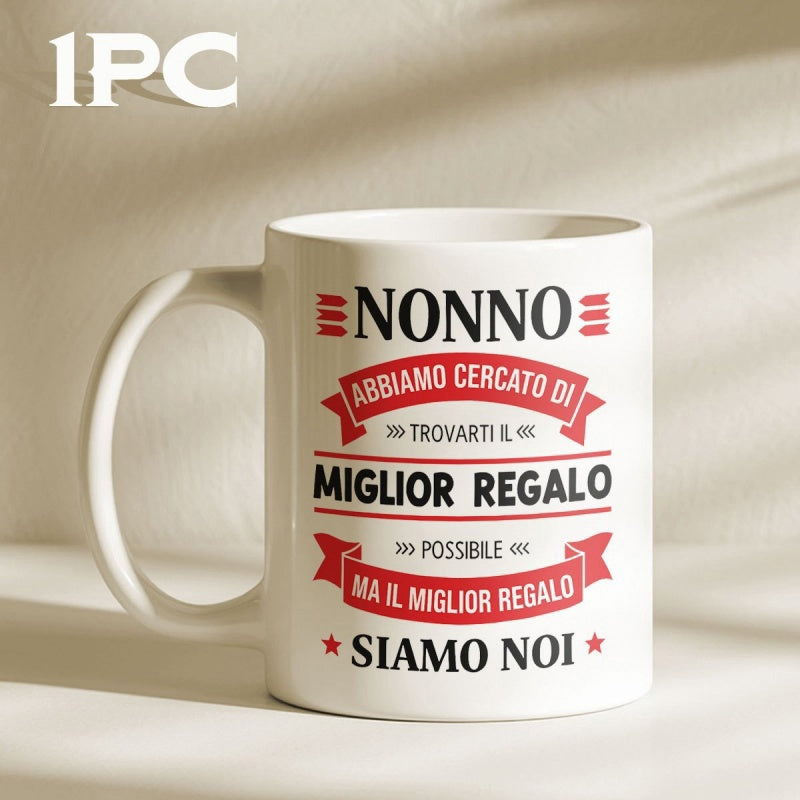 Tailorly White Ceramic 11 oz Mug - Minimalist White Ceramic With Decorative Red Banners And Stars Elegant Design Mug