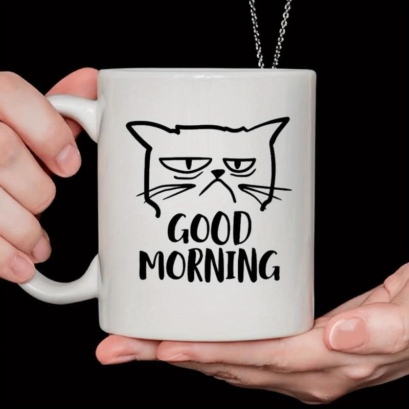Tailorly White Ceramic 11 oz Mug - Good Morning Funny Grumpy Feline With Narrow Eyes And Bold Whiskers Cat