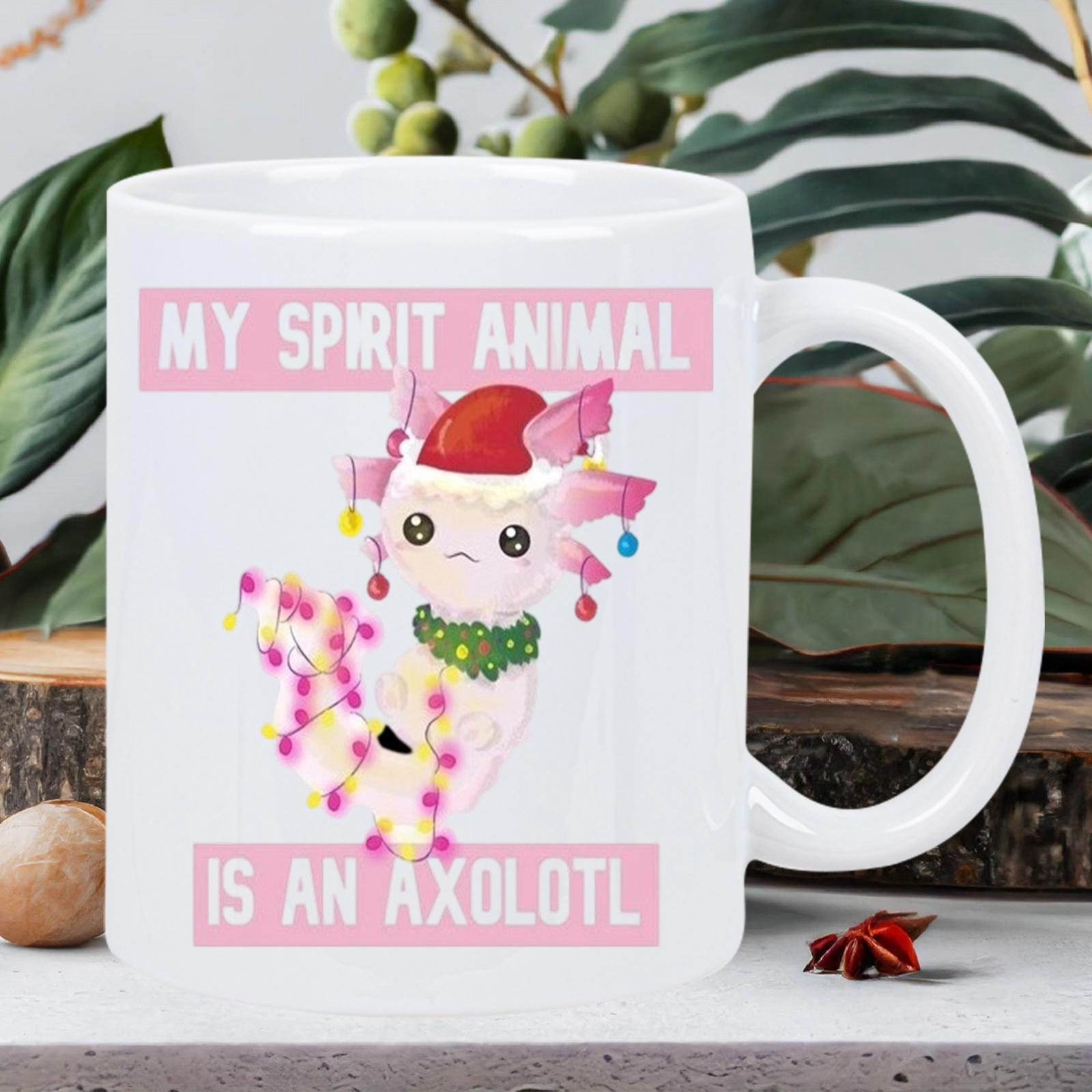 Tailorly White Ceramic 11 oz Mug - My Spirit Animal Is An Axolotl Festive Pink Salamander Wearing Christmas Hat And Colorful Glowing Lights Axolotl