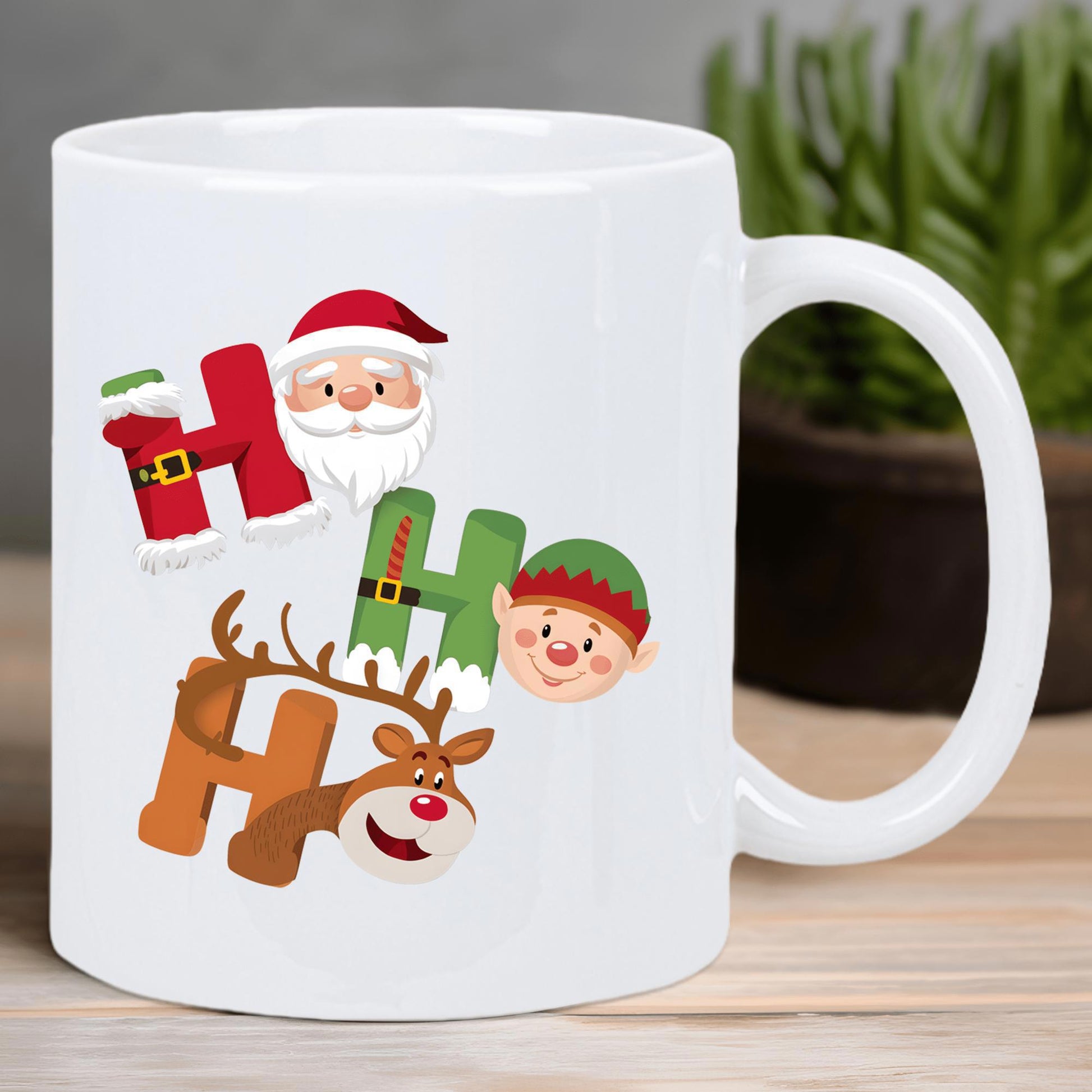 Tailorly White Ceramic 11 oz Mug - Ho Ho Ho Festive Christmas Characters Featuring Santa Elf And Red Nosed Reindeer Mug