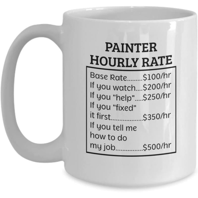 Tailorly White Ceramic 11 oz Mug - Painter Hourly Rate Minimalist Black Bordered Text Based Humorous Professional Fee Breakdown Sign
