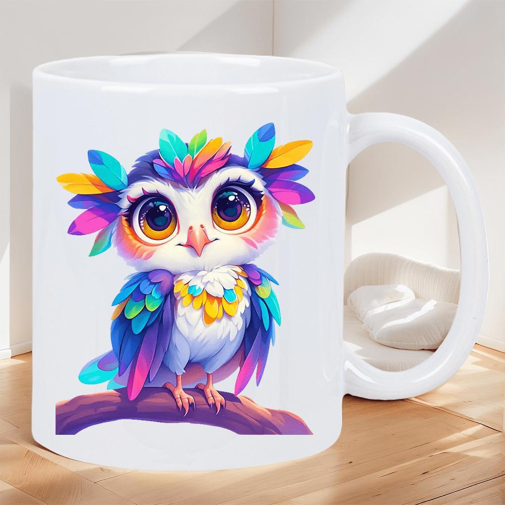 Tailorly White Ceramic 11 oz Mug - Vibrant Colorful Feathers Perched On A Branch Under Soft Gentle Sunlight Owl