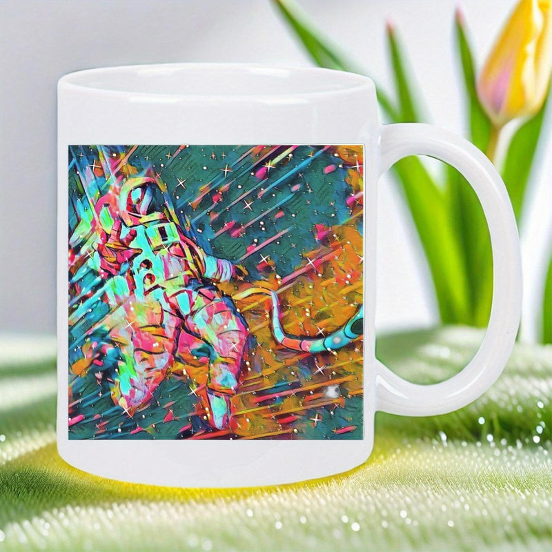 Tailorly White Ceramic 11 oz Mug - Vibrant Abstract Cosmic Space Background Featuring A Colorful Floating Suited Astronaut