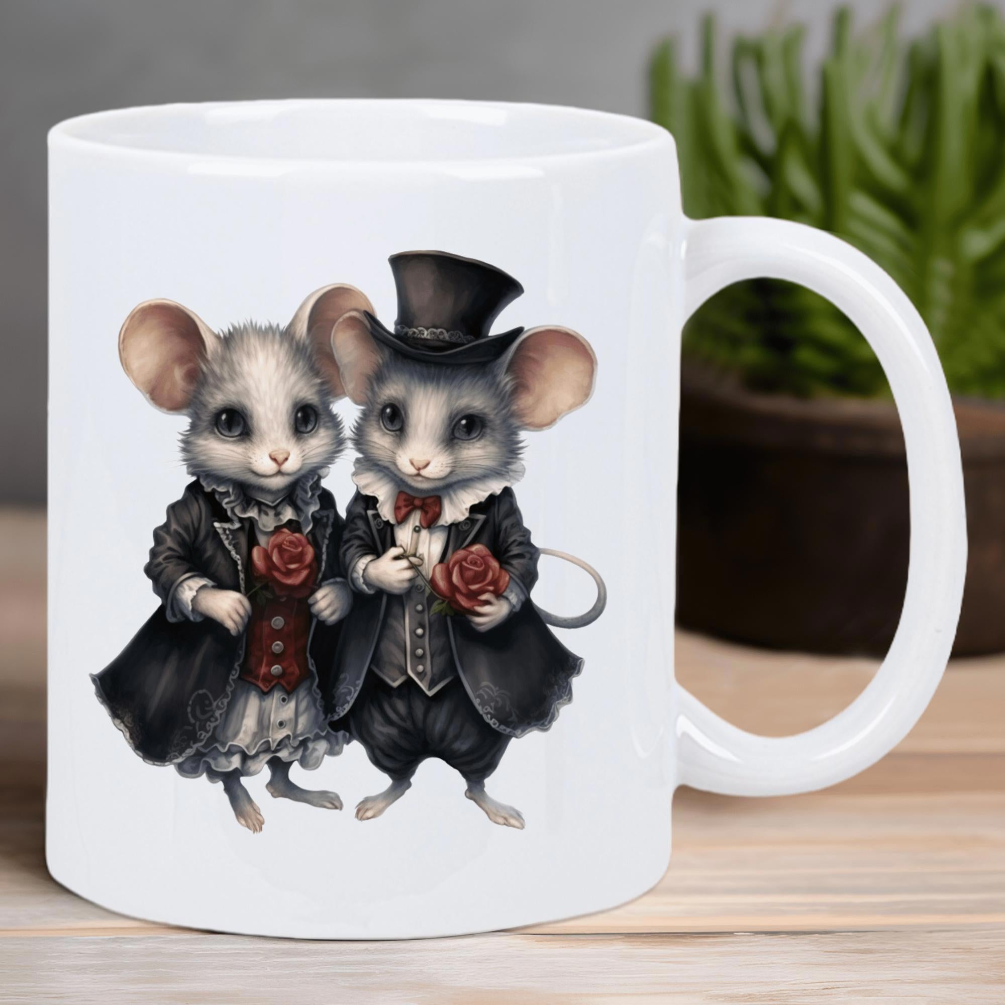 Tailorly White Ceramic 11 oz Mug - Elegant Victorian Style Dressed Pair Holding Red Roses With Intricate Details Mice