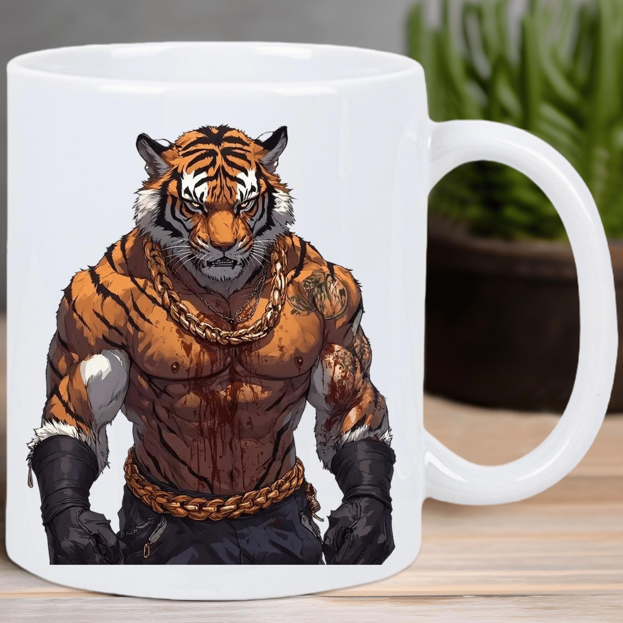 Tailorly White Ceramic 11 oz Mug - Muscular Bodybuilder Figure Wearing Heavy Golden Chains And Black Boxing Gloves Tiger