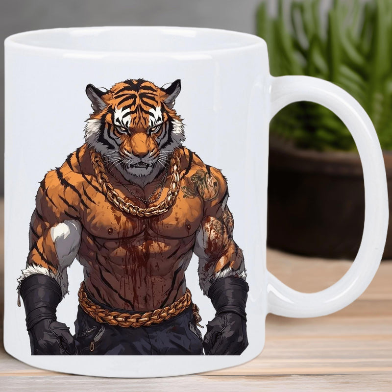 Tailorly White Ceramic 11 oz Mug - Muscular Bodybuilder Figure Wearing Heavy Golden Chains And Black Boxing Gloves Tiger