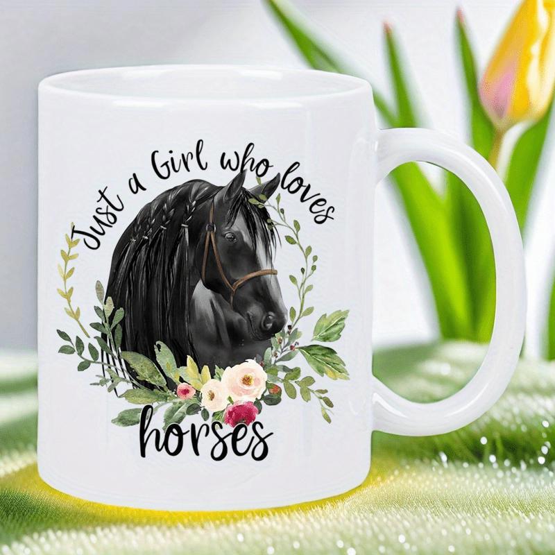 Tailorly White Ceramic 11 oz Mug - Just A Girl Who Loves Horses Majestic Black Stallion Profile Surrounded By Delicate Floral Wreath And Leaves Horse