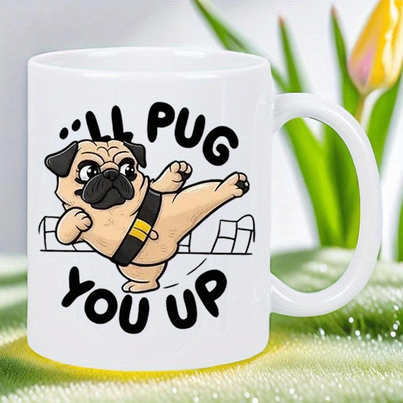 Tailorly White Ceramic 11 oz Mug - Ill Pug You Up Cute Martial Arts Dog Striking High Kick Martial Arts Pose Pug