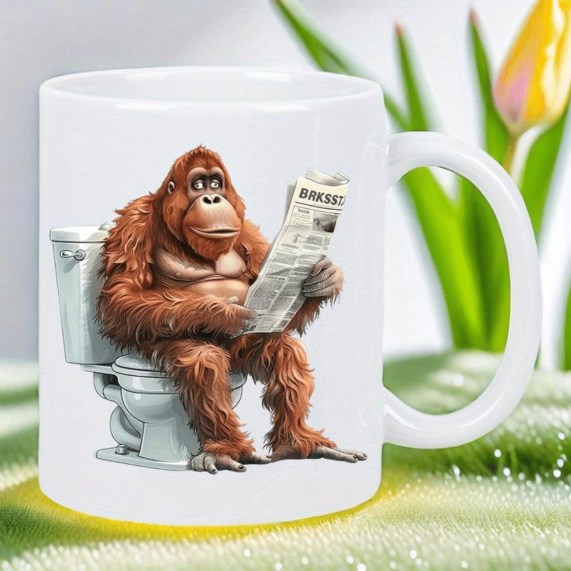 Tailorly White Ceramic 11 oz Mug - Daily News Funny Furry Orangutan Sitting On White Toilet Reading Newspaper Relaxed Orangutan
