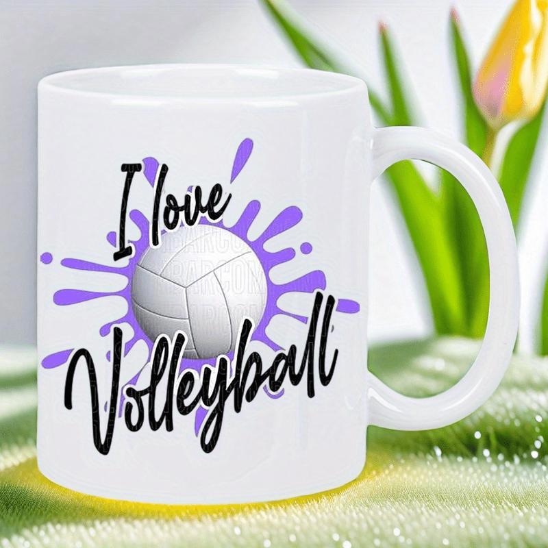 Tailorly White Ceramic 11 oz Mug - I Love Volleyball Classic White Sports Ball Featuring Vibrant Purple Paint Splash Background Volleyball