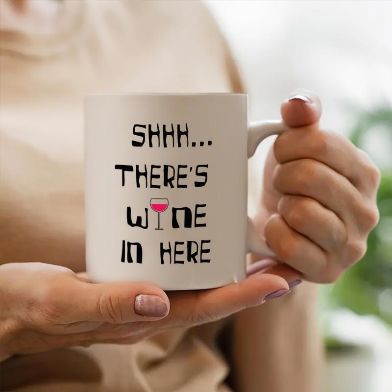 Tailorly White Ceramic 11 oz Mug - Shhh Theres Wine In Here Minimalist White Ceramic Featuring Bold Artistic Text With Tiny Wine Glass Mug
