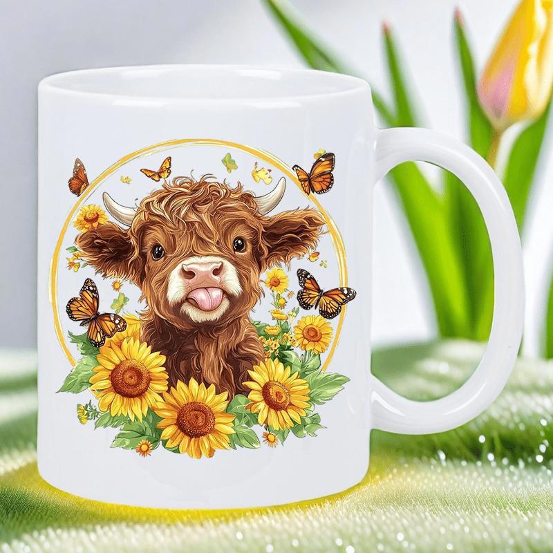 Tailorly White Ceramic 11 oz Mug - Cute Highland Calf Among Golden Sunflowers And Flying Monarch Butterflies Cow