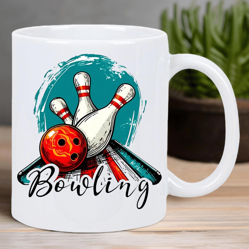 Tailorly White Ceramic 11 oz Mug - Bowling Red Ball Striking White Pins Over A Polished Lane Bowling