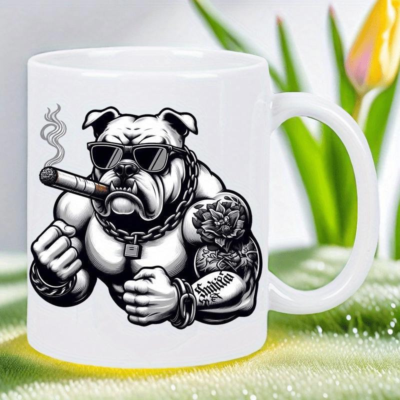 Tailorly White Ceramic 11 oz Mug - Strong Muscular Bulldog Wearing Black Sunglasses Smoking A Thick Cigar Bulldog