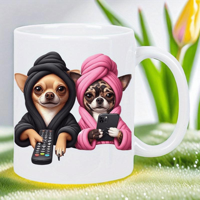 Tailorly White Ceramic 11 oz Mug - Relaxing Spa Day With Tiny Dogs In Pink And Black Robes Chihuahua