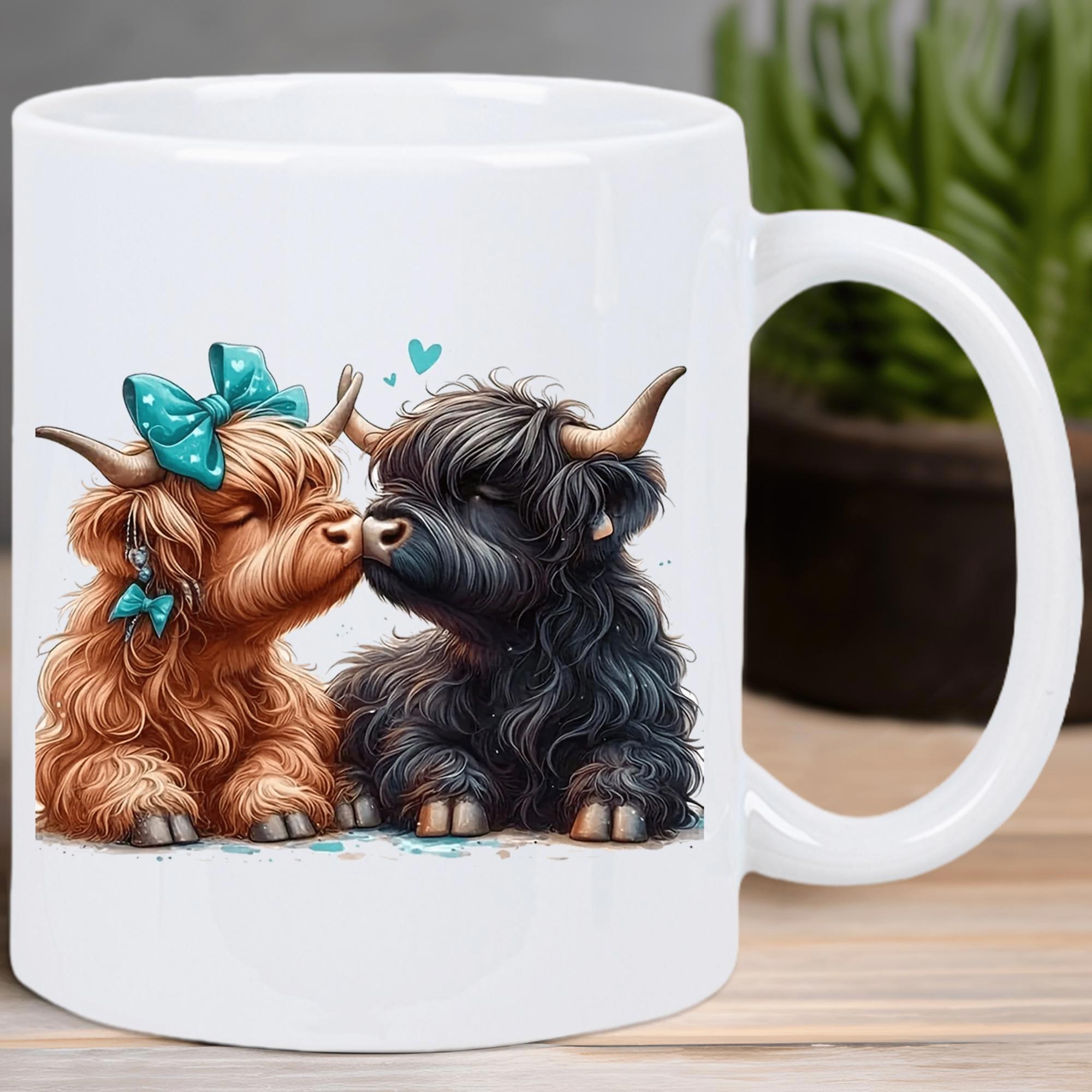 Tailorly White Ceramic 11 oz Mug - Sweet Fluffy Brown And Black Pair Kissing Under Delicate Blue Hearts Highland Cow