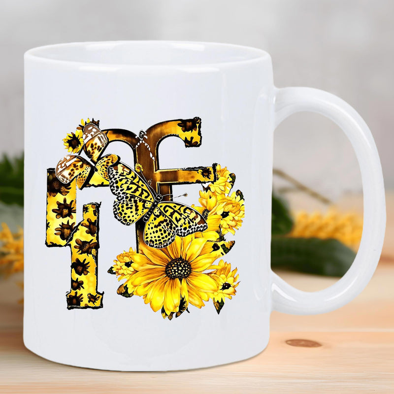 Tailorly White Ceramic 11 oz Mug - Vibrant Sunflowers And Butterfly Dancing Around Artistic Textured Monogram Mug