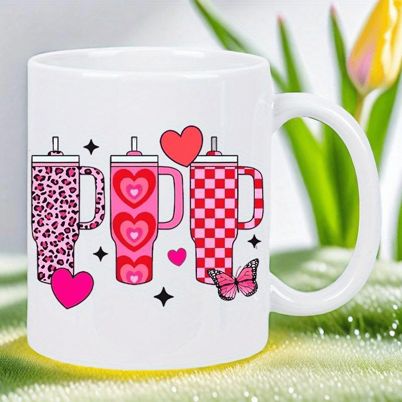 Tailorly White Ceramic 11 oz Mug - Vibrant Pink Patterned Tumblers Decorated With Hearts And Butterfly Cup