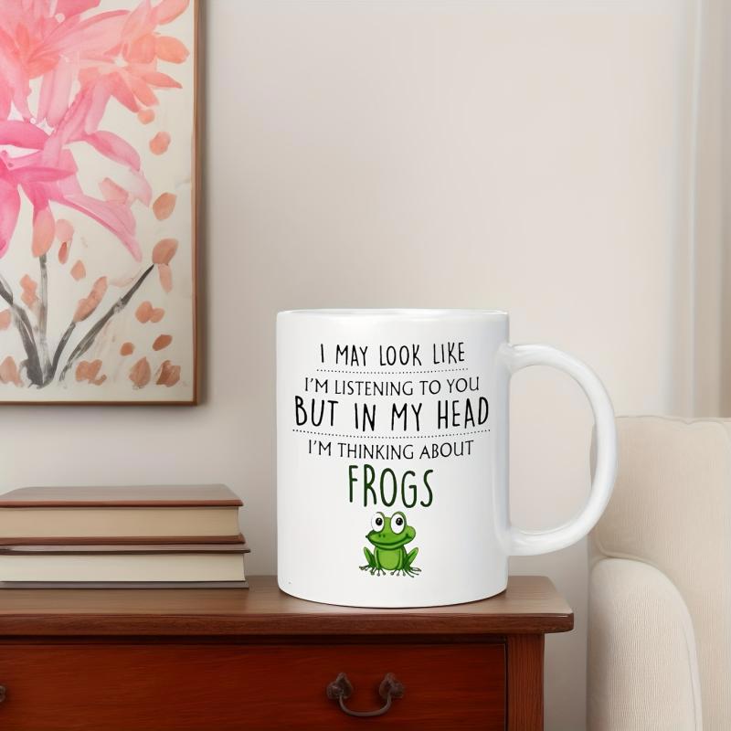 Tailorly White Ceramic 11 oz Mug - I May Look Like I'm Listening To You But In My Head I'm Thinking About Frogs Cute Minimalist Green Amphibian Illustration