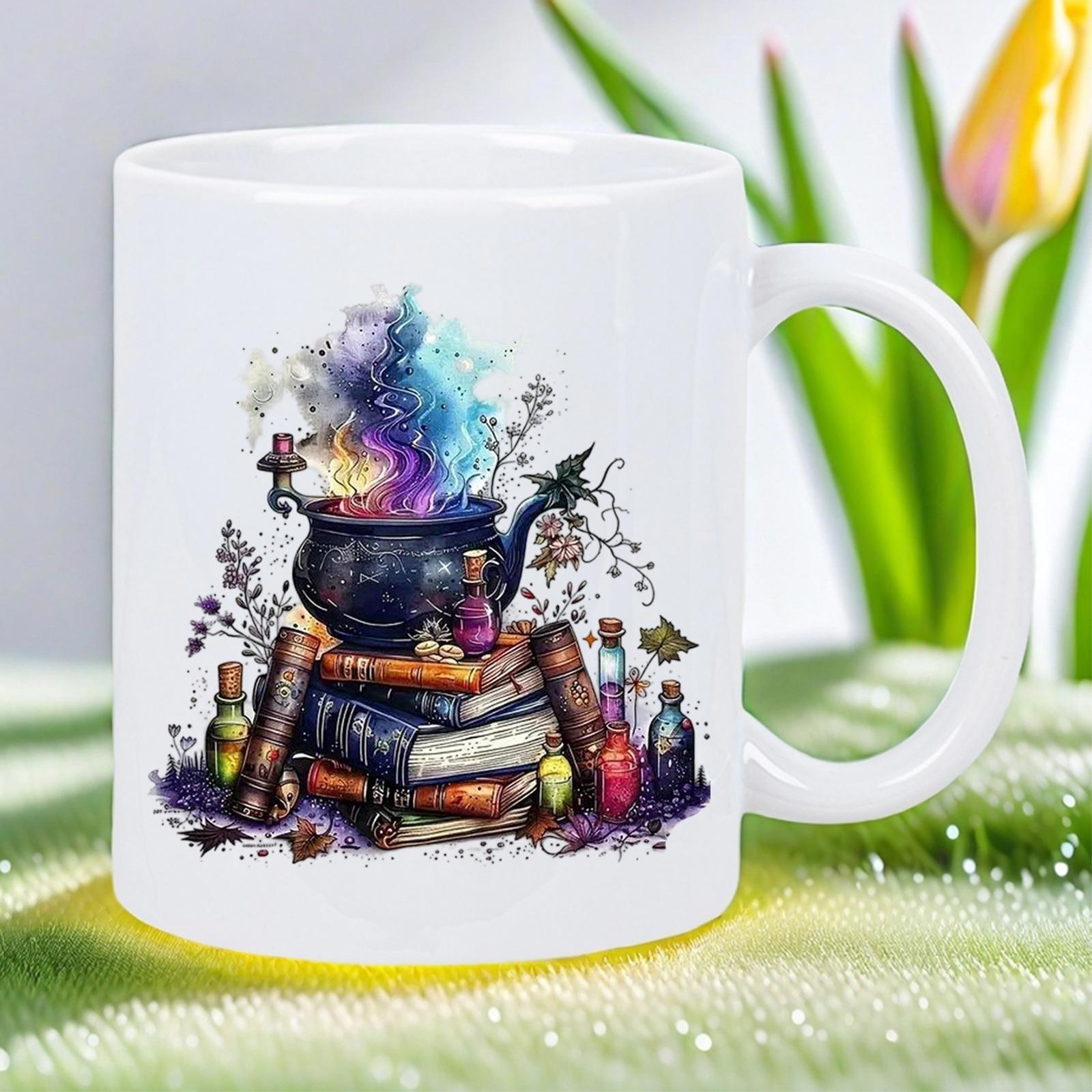 Tailorly White Ceramic 11 oz Mug - Colorful Magic Smoke Rising Above Potions And Stacked Ancient Leather Books Cauldron