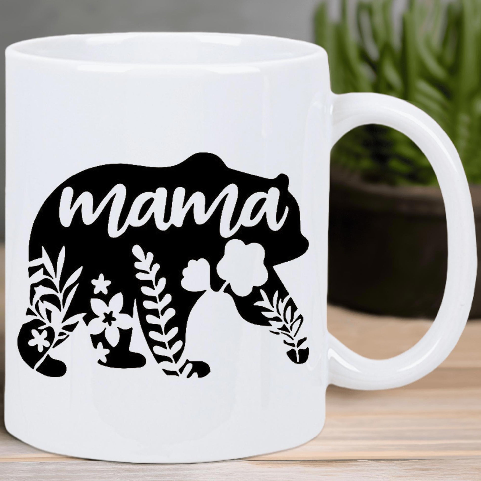 Tailorly White Ceramic 11 oz Mug - Mama Silhouette Patterned With Wild Flowers And Botanical Leaves Walking Bear