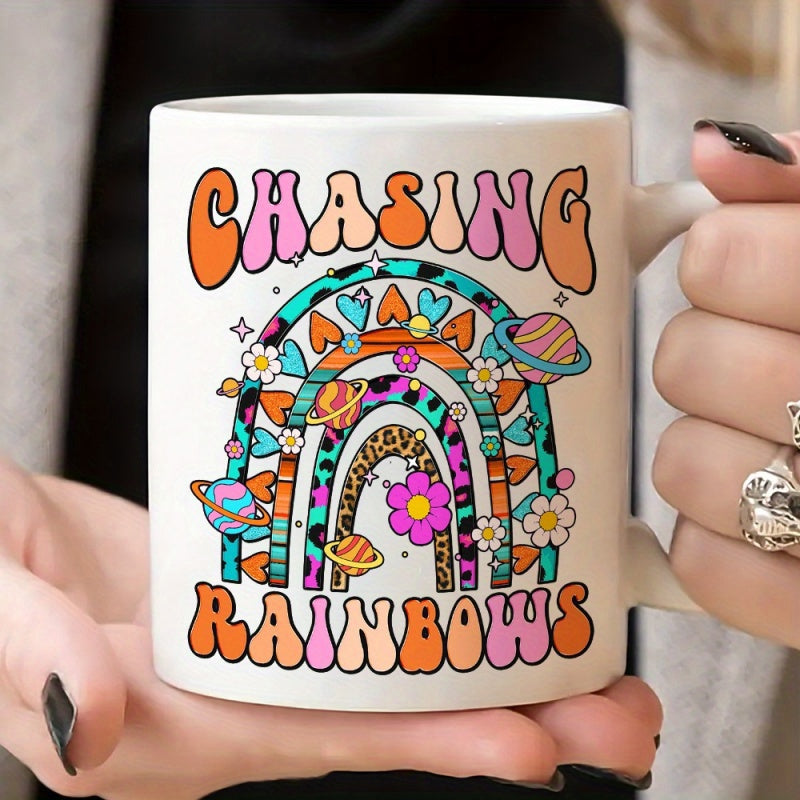 Tailorly White Ceramic 11 oz Mug - Chasing Rainbows Vibrant Retro Pattern With Planets And Flowers Under Stylized Rainbow