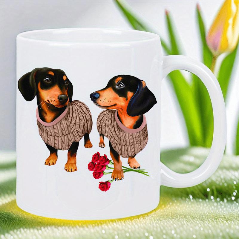 Tailorly White Ceramic 11 oz Mug - Adorable Two Puppies In Knitted Sweaters Among Vibrant Red Flowers Dachshund