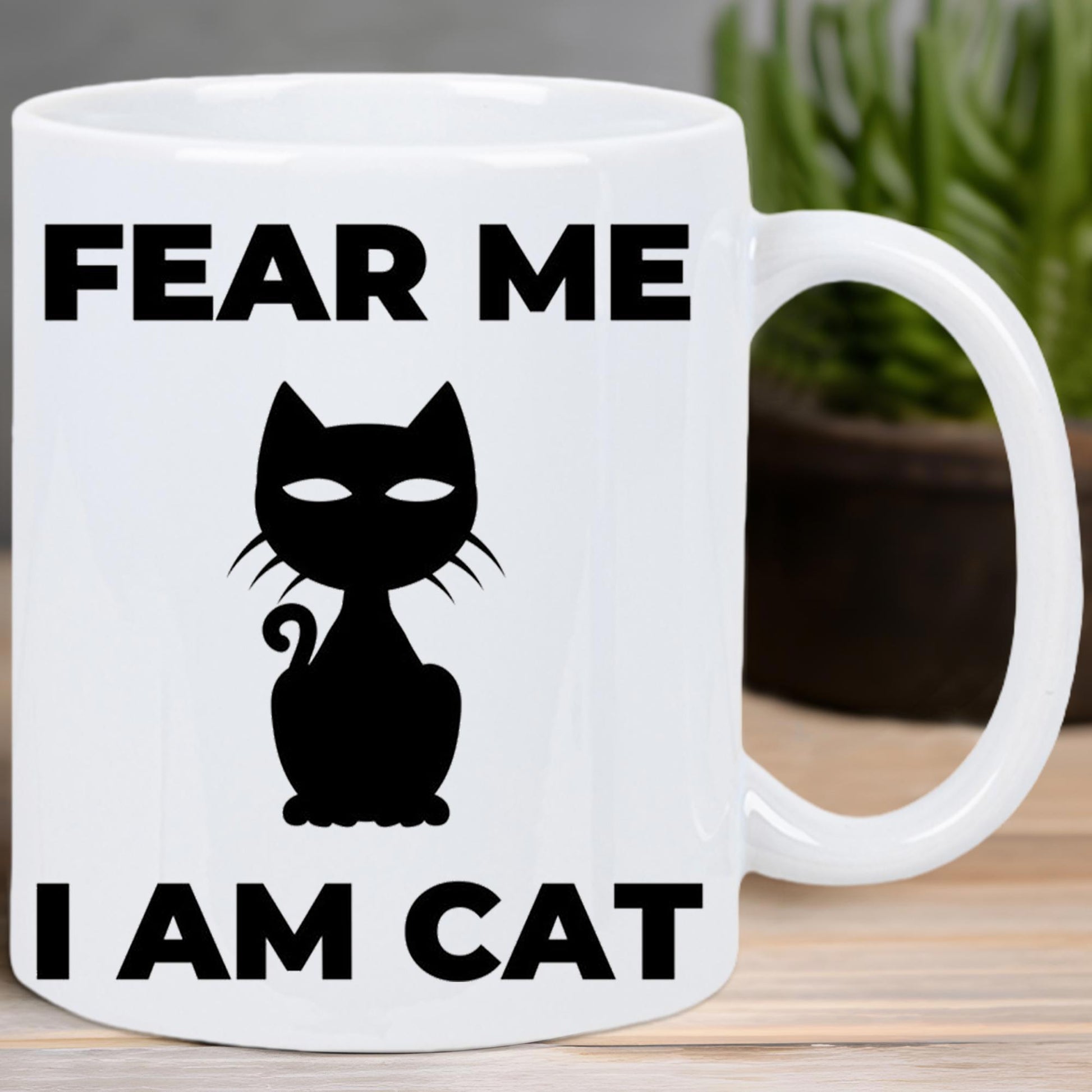Tailorly White Ceramic 11 oz Mug - Fear Me I Am Cat Minimalist Black Silhouette Sitting With Sharp Ears And Curled Tail Cat