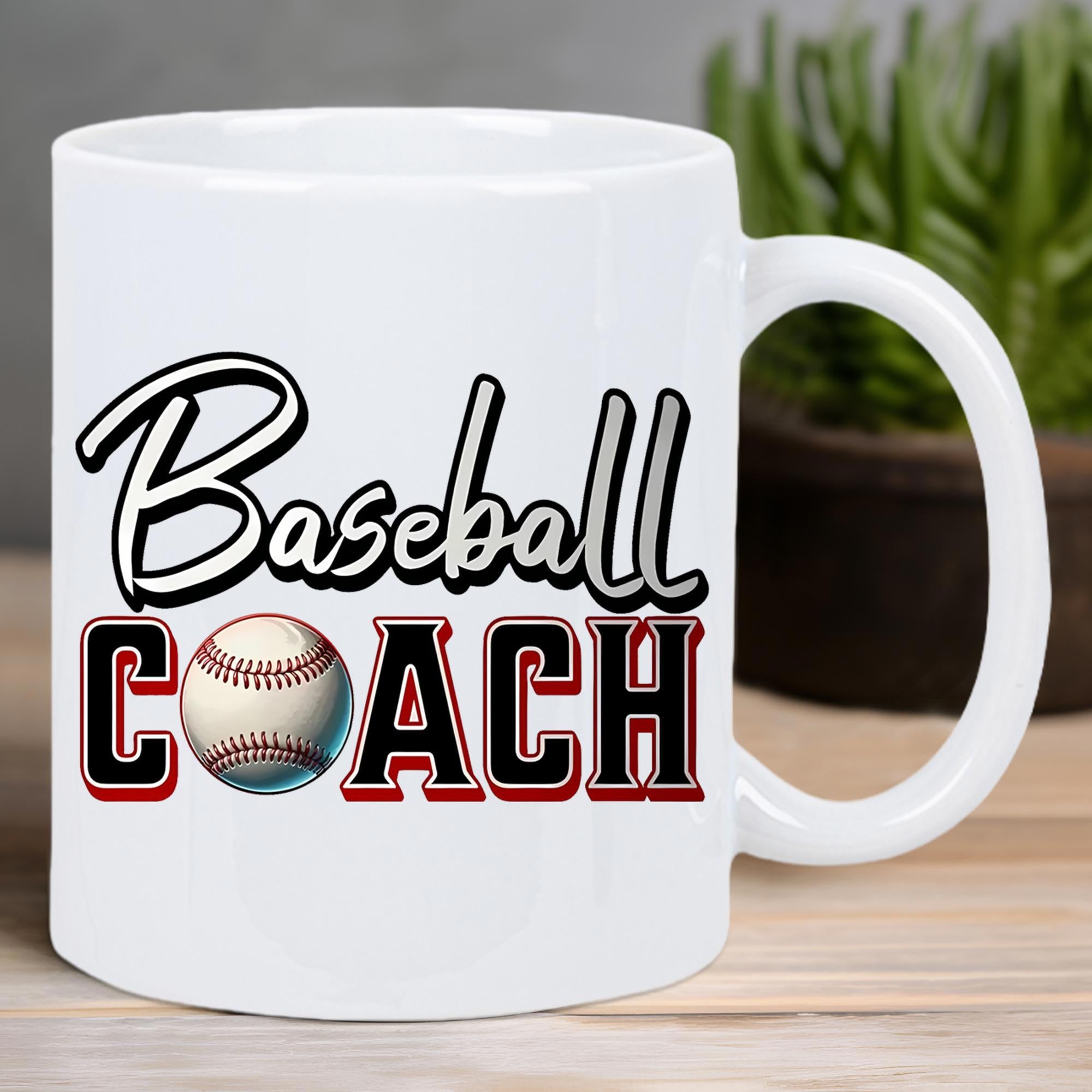 Tailorly White Ceramic 11 oz Mug - Baseball Coach Realistic Sports Ball Among Bold Red Block Lettering Baseball
