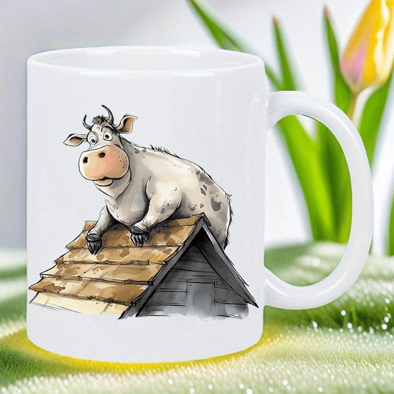 Tailorly White Ceramic 11 oz Mug - Whimsical Cartoon Animal Sitting Atop A Rustic Brown Shingled House Cow