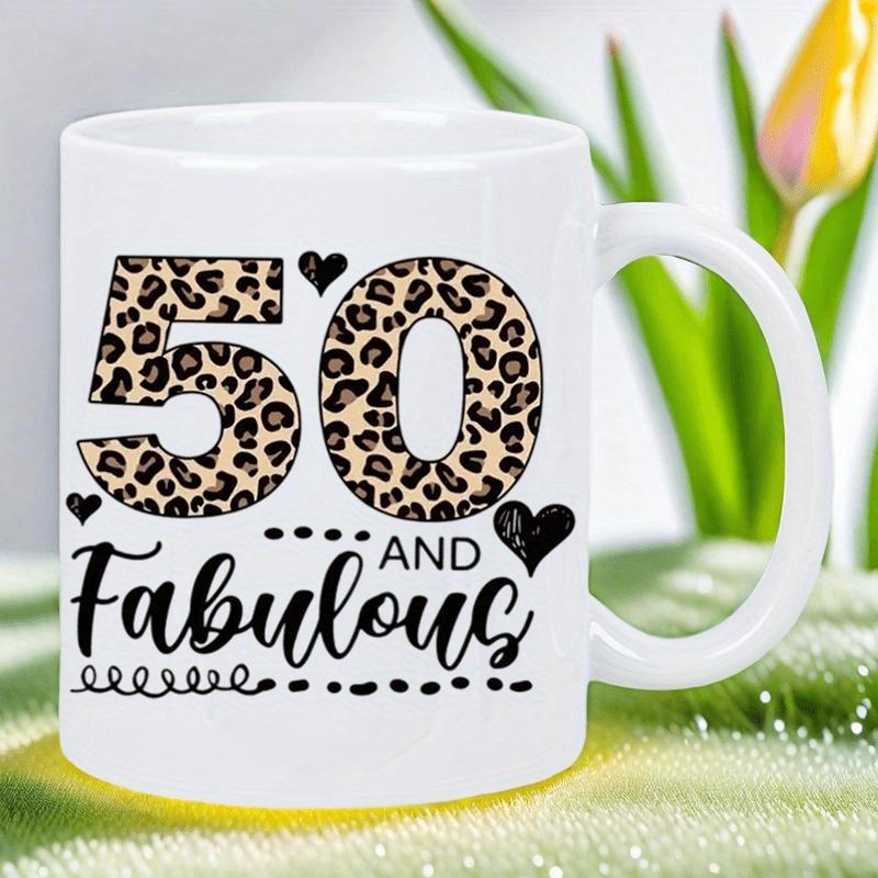 Tailorly White Ceramic 11 oz Mug - 50 And Fabulous Leopard Patterned Numbers Surrounded By Small Black Decorative Hearts Mug