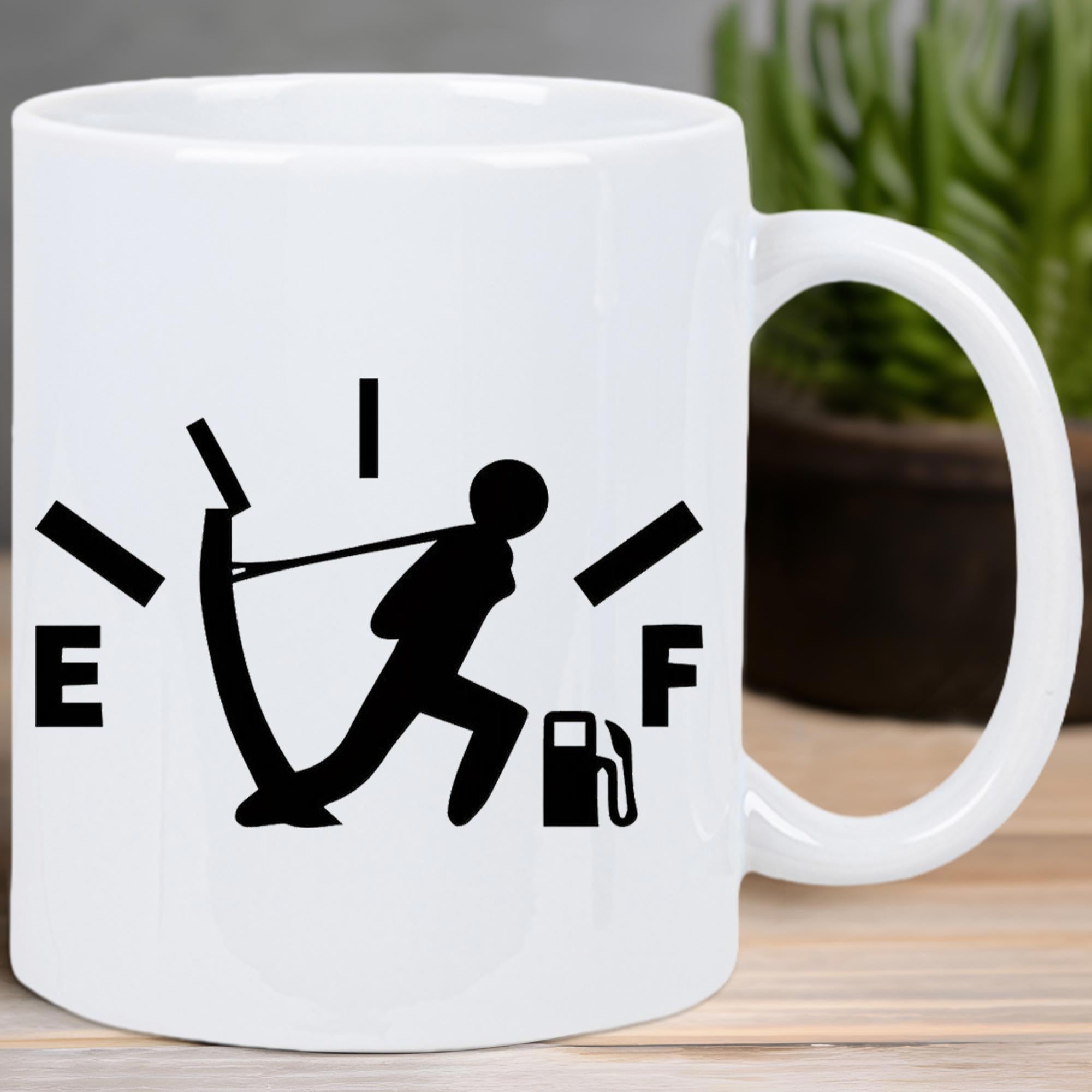 Tailorly White Ceramic 11 oz Mug - E F Humorous Silhouette Pulling Heavy Gauge Needle Under Pressure Straining Human Gauge
