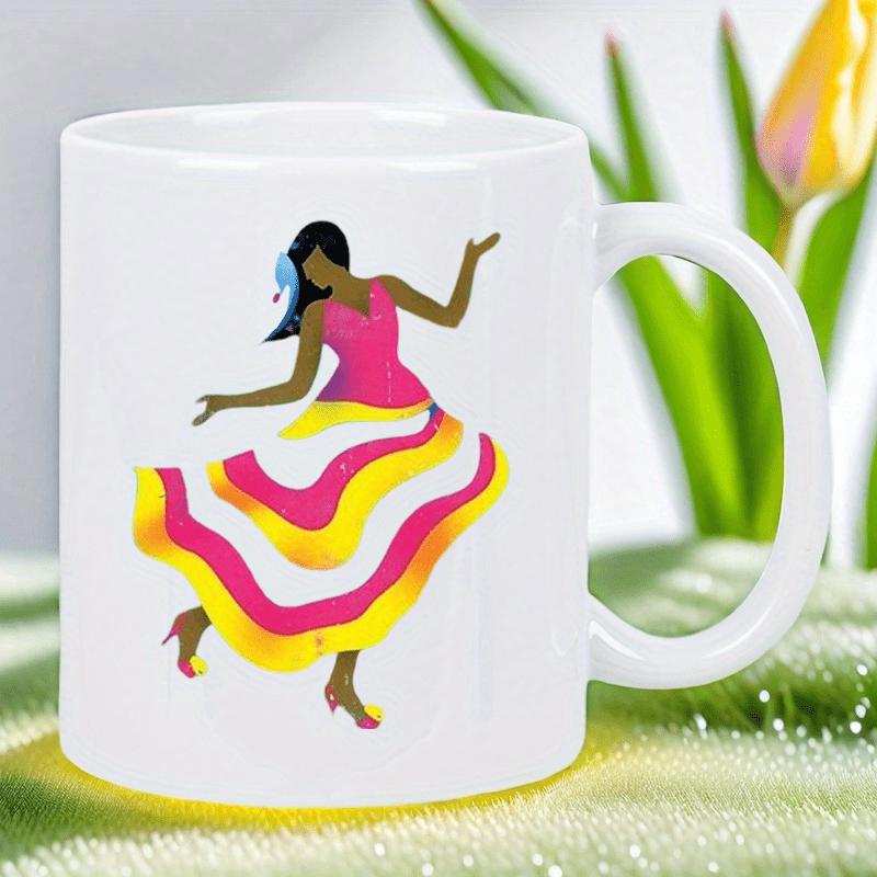Tailorly White Ceramic 11 oz Mug - Vibrant Colorful Dancing Woman Wearing Elegant Flowing Skirt In Joyful Motion Dancer