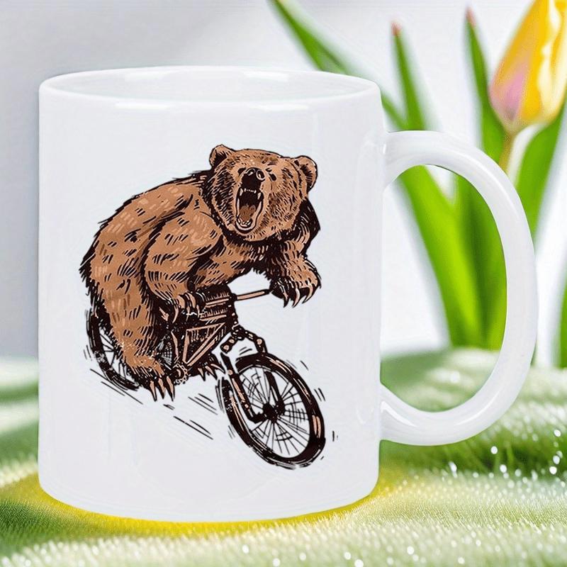 Tailorly White Ceramic 11 oz Mug - Powerful Brown Grizzly Riding A Rugged Mountain Bike Through Nature Bear