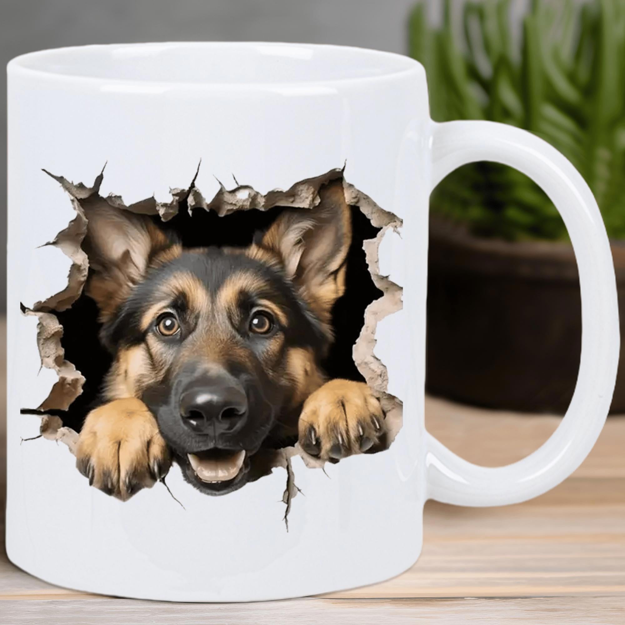 Tailorly White Ceramic 11 oz Mug - Realistic Three Dimensional Effect Of Dog Peeking Through Cracked Wall German Shepherd