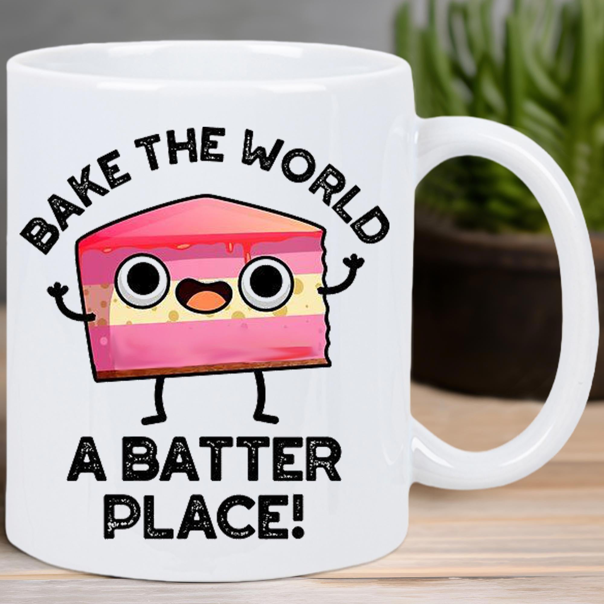 Tailorly White Ceramic 11 oz Mug - Bake The World A Batter Place Happy Smiling Cartoon Cake Slice With Pink Layers And Tiny Dancing Legs Cake