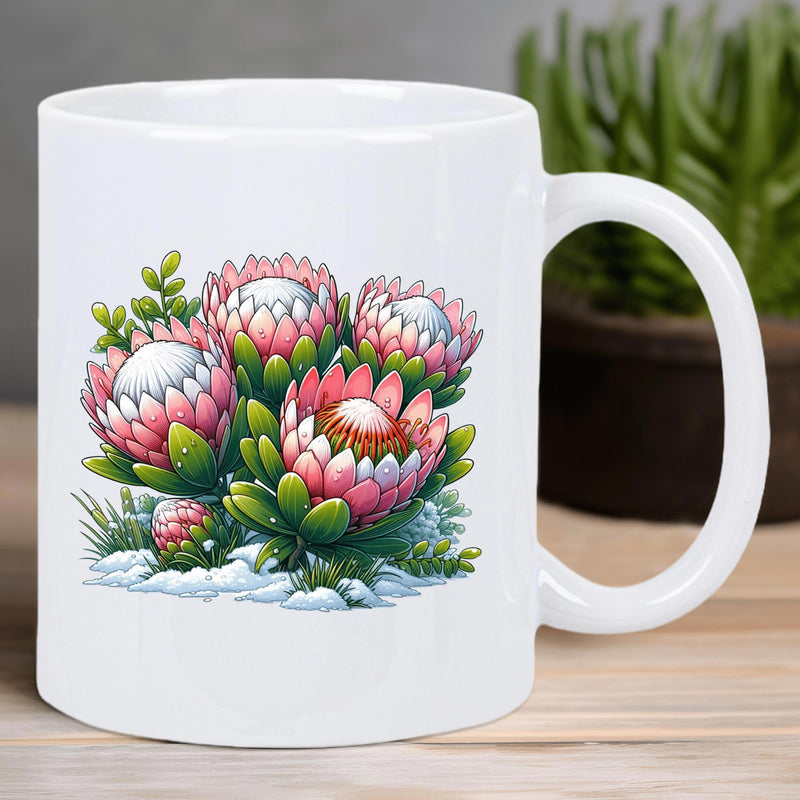 Tailorly White Ceramic 11 oz Mug - Vibrant Pink Protea Flowers Blooming Among Green Leaves On Snowy Ground Protea