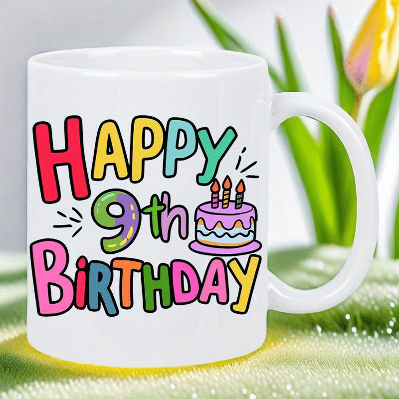 Tailorly White Ceramic 11 oz Mug - Happy 9th Birthday Colorful Bubble Letters Featuring A Tiered Cake With Three Candles Birthday