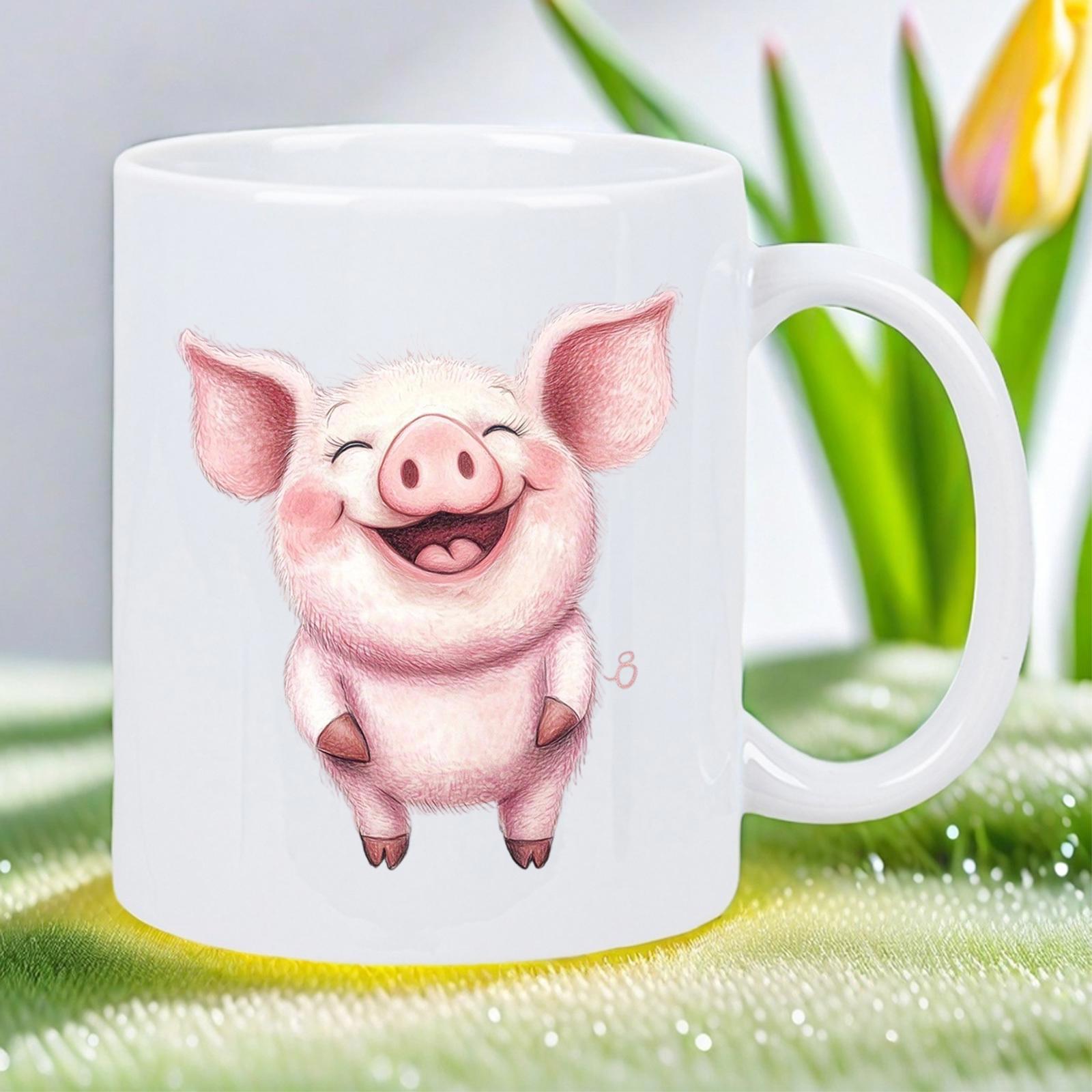 Tailorly White Ceramic 11 oz Mug - Adorable Happy Pink Piglet With Wide Smile And Large Pointy Ears Pig
