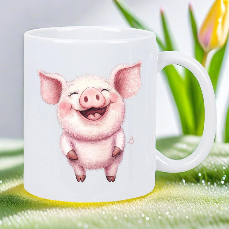 Tailorly White Ceramic 11 oz Mug - Adorable Happy Pink Piglet With Wide Smile And Large Pointy Ears Pig