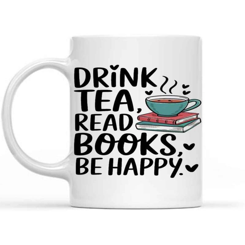 Tailorly White Ceramic 11 oz Mug - Drink Tea Read Books Be Happy Steaming Teal Cup Resting On Stacked Books With Tiny Heart Accents Teacup