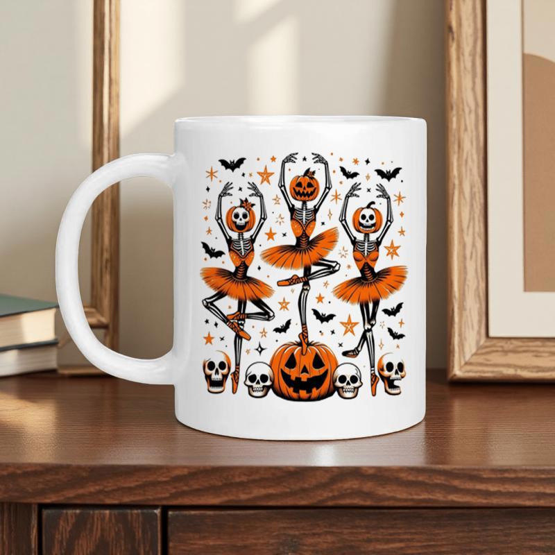 Tailorly White Ceramic 11 oz Mug - Dancing Halloween Skeletons Wearing Orange Tutus With Pumpkin Heads Among Bats Ballerina