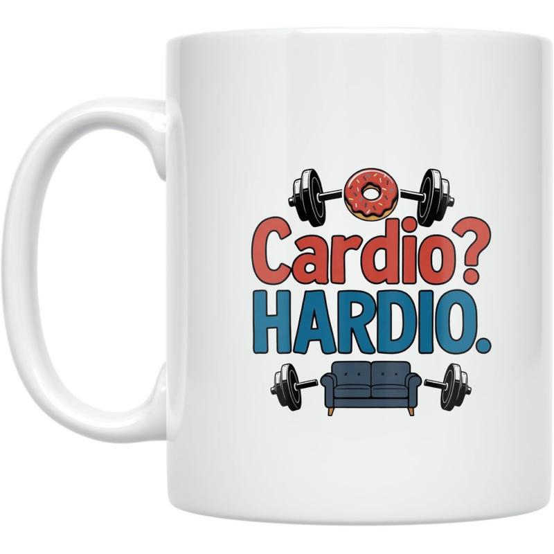 Tailorly White Ceramic 11 oz Mug - Cardio HARDIO Funny Gym Humor With Donut Weights And Sofa Lifting Barbell