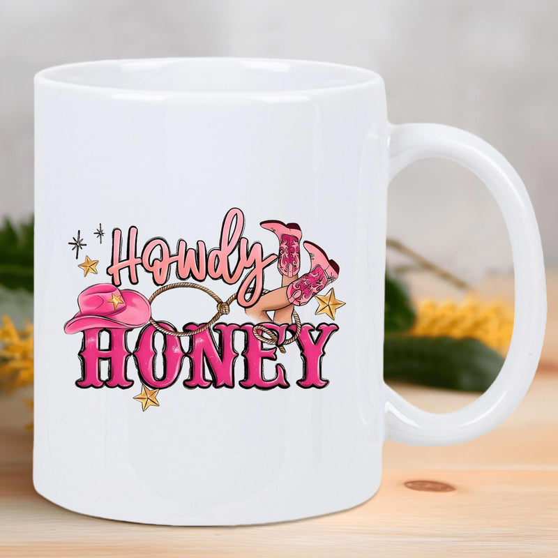Tailorly White Ceramic 11 oz Mug - Howdy Honey Pink Western Cowboy Hat Surrounded By Golden Shining Stars Lasso Boots