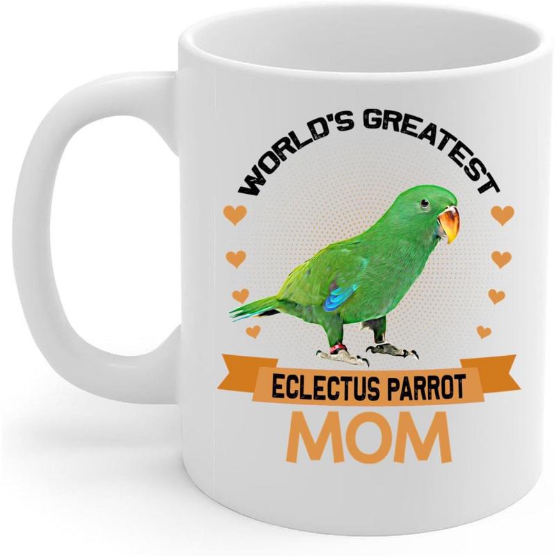 Tailorly White Ceramic 11 oz Mug - Worlds Greatest Eclectus Parrot Mom Vibrant Green Bird Surrounded By Small Hearts And Ribbon Parrot