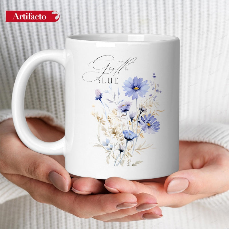 Tailorly White Ceramic 11 oz Mug - Gentle Blue Delicate Watercolor Stems Blooming Among Soft Petals And Golden Leaves Wildflower