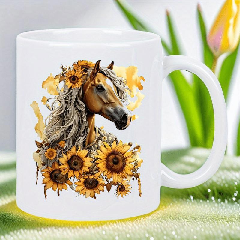 Tailorly White Ceramic 11 oz Mug - Majestic Brown Horse With Long Mane Surrounded By Vibrant Yellow Sunflowers Horse